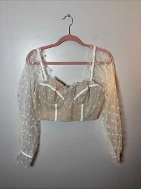 RNWY Sheer Polka Dot Mesh Bustier Crop Top in Beige & White XL